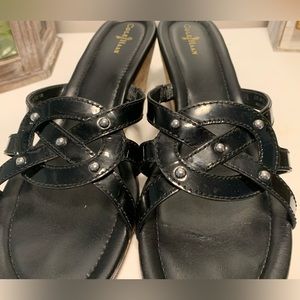 Cole Haan Black Leather  Slip On Sandals Size 10B Wedge Chunky Heel